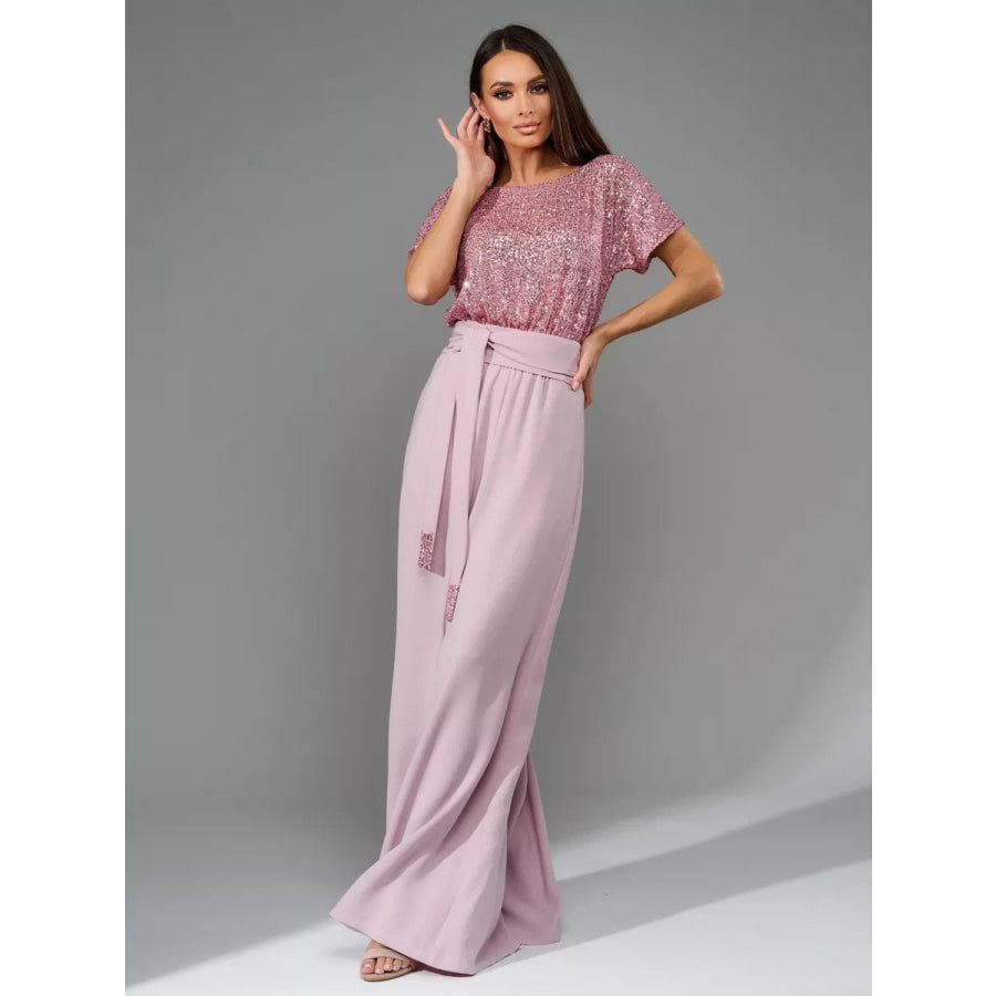 Full Size Sequin Round Neck Short Sleeve Wide Leg Jumpsuit Dusty Pink / S Apparel and Accessories