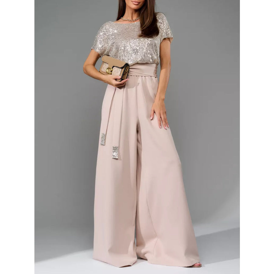 Full Size Sequin Round Neck Short Sleeve Wide Leg Jumpsuit Eggshell / S Apparel and Accessories