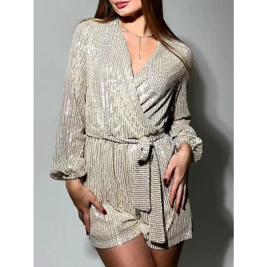 Full Size Sequin Surplice Tie Waist Long Sleeve Romper Apparel and Accessories