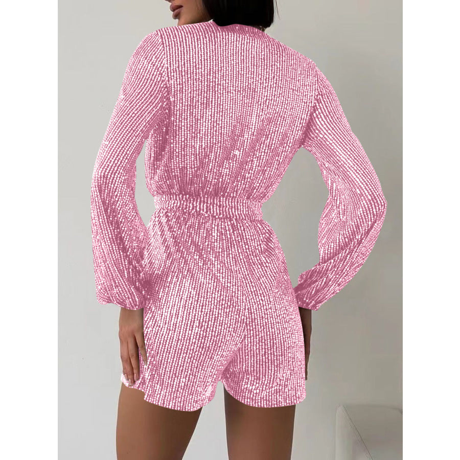 Full Size Sequin Surplice Tie Waist Long Sleeve Romper Apparel and Accessories