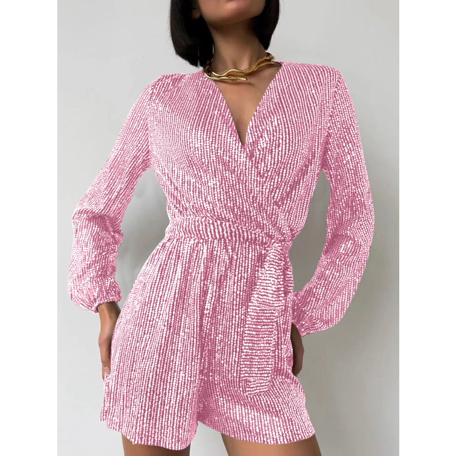 Full Size Sequin Surplice Tie Waist Long Sleeve Romper Apparel and Accessories