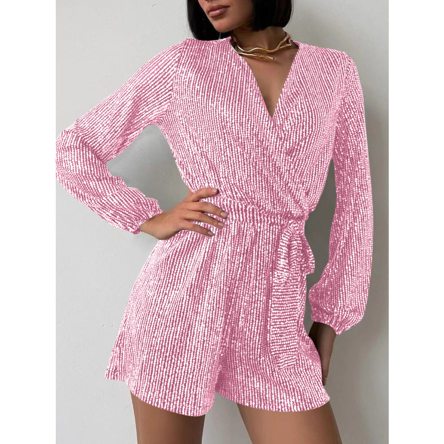 Full Size Sequin Surplice Tie Waist Long Sleeve Romper Apparel and Accessories