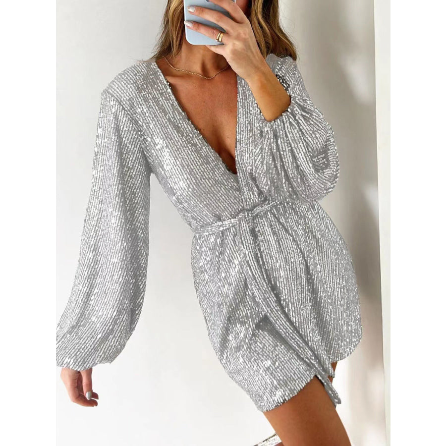 Full Size Sequin Surplice Tie Waist Long Sleeve Romper Apparel and Accessories