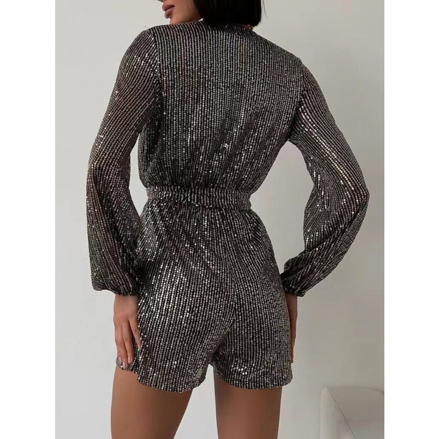 Full Size Sequin Surplice Tie Waist Long Sleeve Romper Apparel and Accessories