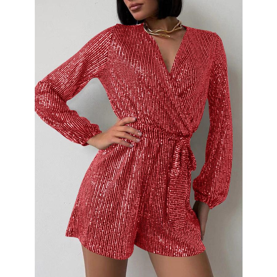 Full Size Sequin Surplice Tie Waist Long Sleeve Romper Apparel and Accessories