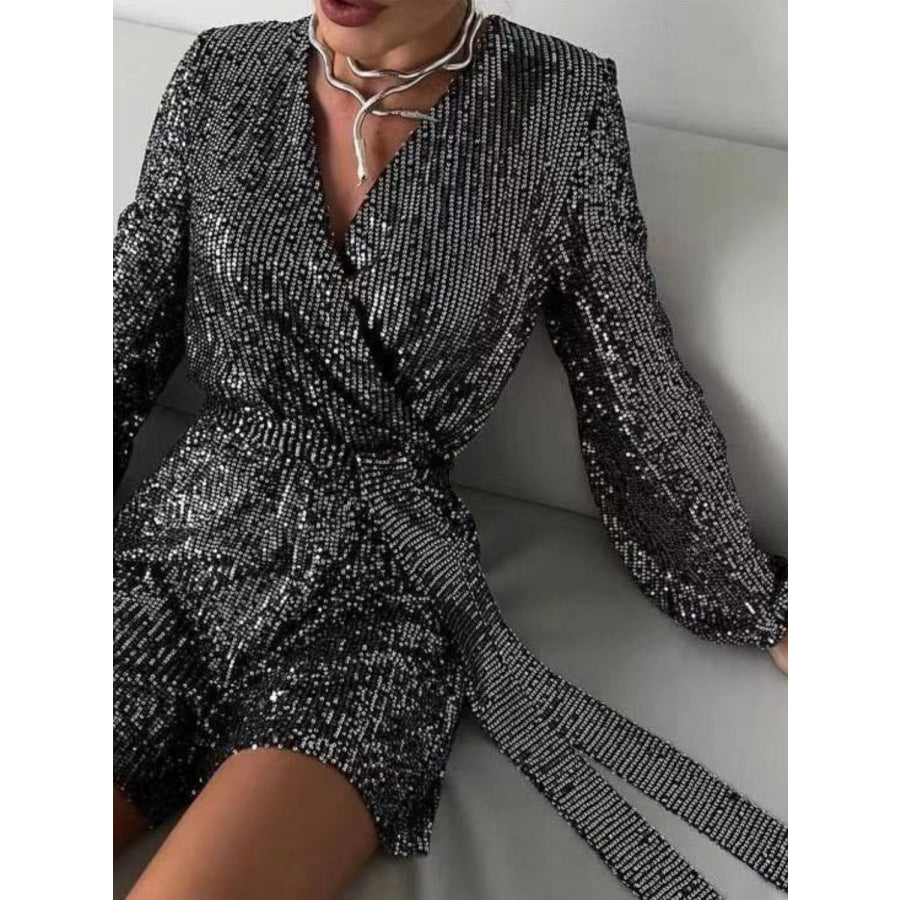 Full Size Sequin Surplice Tie Waist Long Sleeve Romper Apparel and Accessories