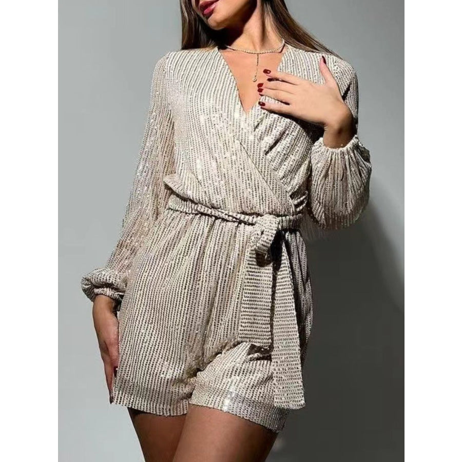 Full Size Sequin Surplice Tie Waist Long Sleeve Romper Apparel and Accessories