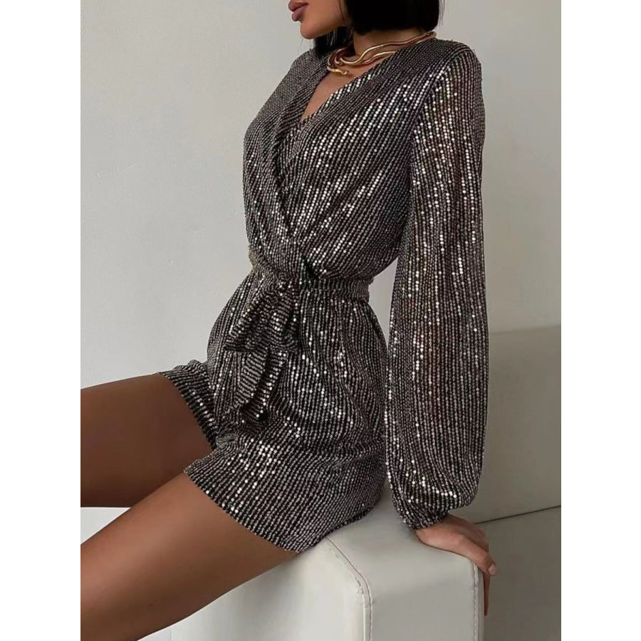 Full Size Sequin Surplice Tie Waist Long Sleeve Romper Apparel and Accessories