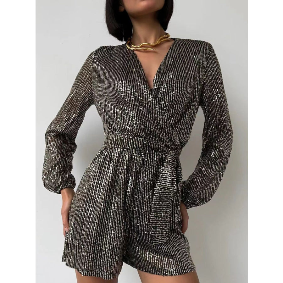 Full Size Sequin Surplice Tie Waist Long Sleeve Romper Apparel and Accessories