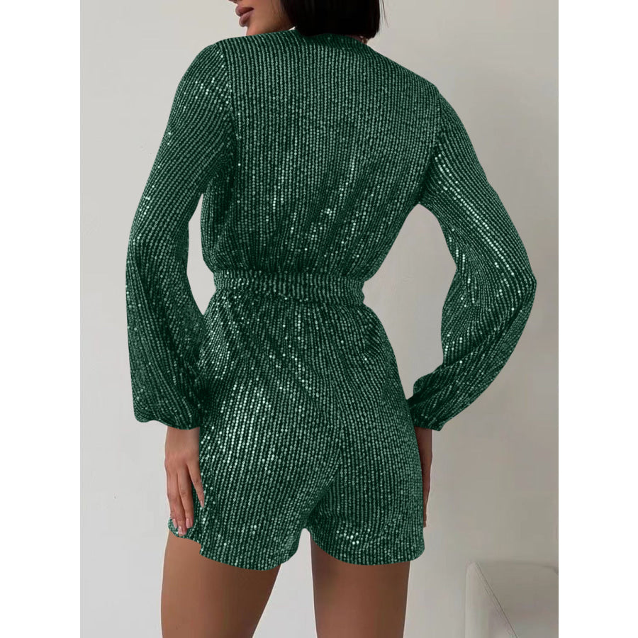 Full Size Sequin Surplice Tie Waist Long Sleeve Romper Apparel and Accessories