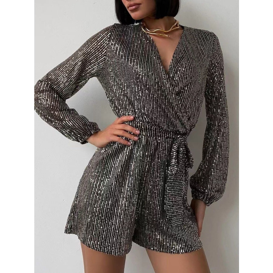 Full Size Sequin Surplice Tie Waist Long Sleeve Romper Black/Silver / S Apparel and Accessories