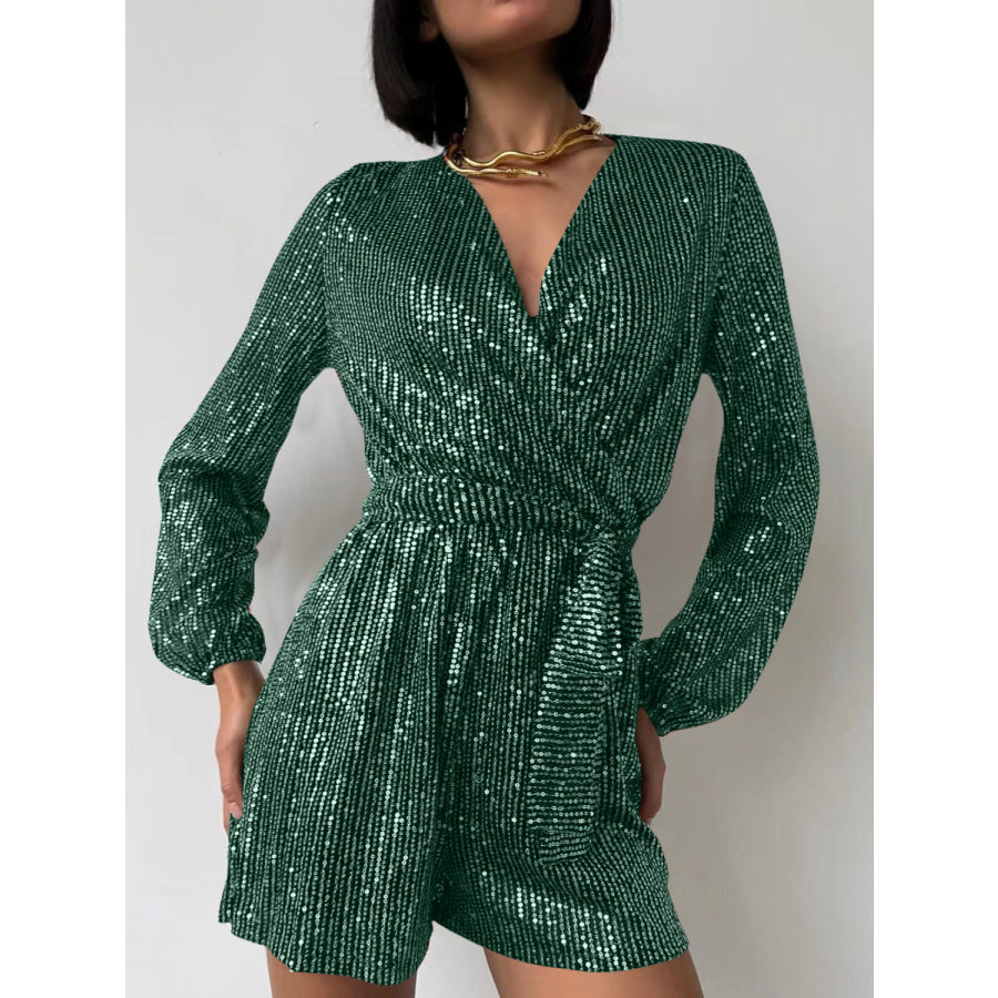 Full Size Sequin Surplice Tie Waist Long Sleeve Romper Dark Green / S Apparel and Accessories