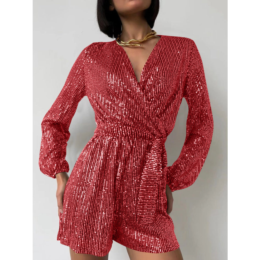 Full Size Sequin Surplice Tie Waist Long Sleeve Romper Scarlet / S Apparel and Accessories