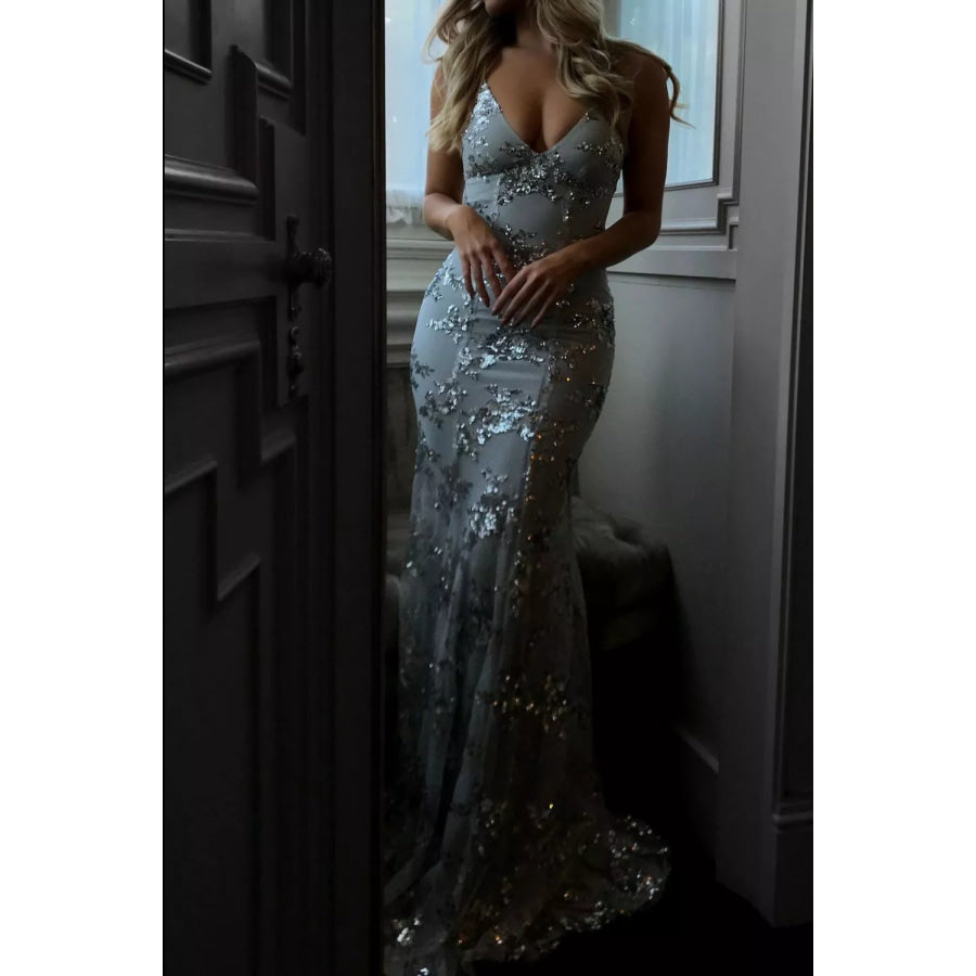 Full Size Sequin Tie Back V-Neck Maxi Dress Plus Size Apparel and Accessories