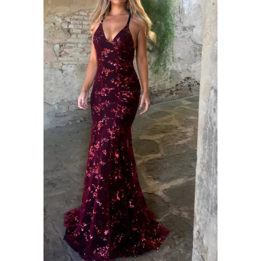 Full Size Sequin Tie Back V-Neck Maxi Dress Plus Size Apparel and Accessories