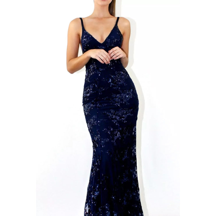 Full Size Sequin Tie Back V-Neck Maxi Dress Plus Size Apparel and Accessories