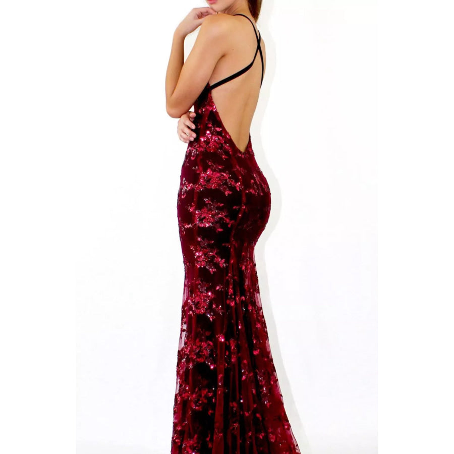 Full Size Sequin Tie Back V-Neck Maxi Dress Plus Size Apparel and Accessories
