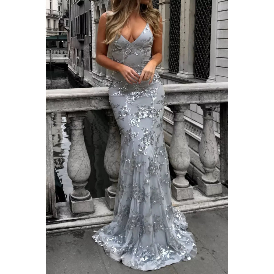 Full Size Sequin Tie Back V-Neck Maxi Dress Plus Size Apparel and Accessories