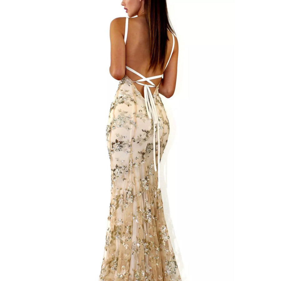 Full Size Sequin Tie Back V-Neck Maxi Dress Plus Size Apparel and Accessories