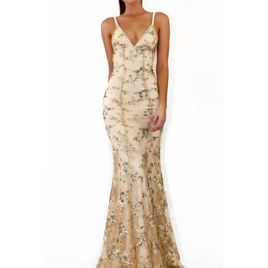 Full Size Sequin Tie Back V-Neck Maxi Dress Plus Size Apparel and Accessories