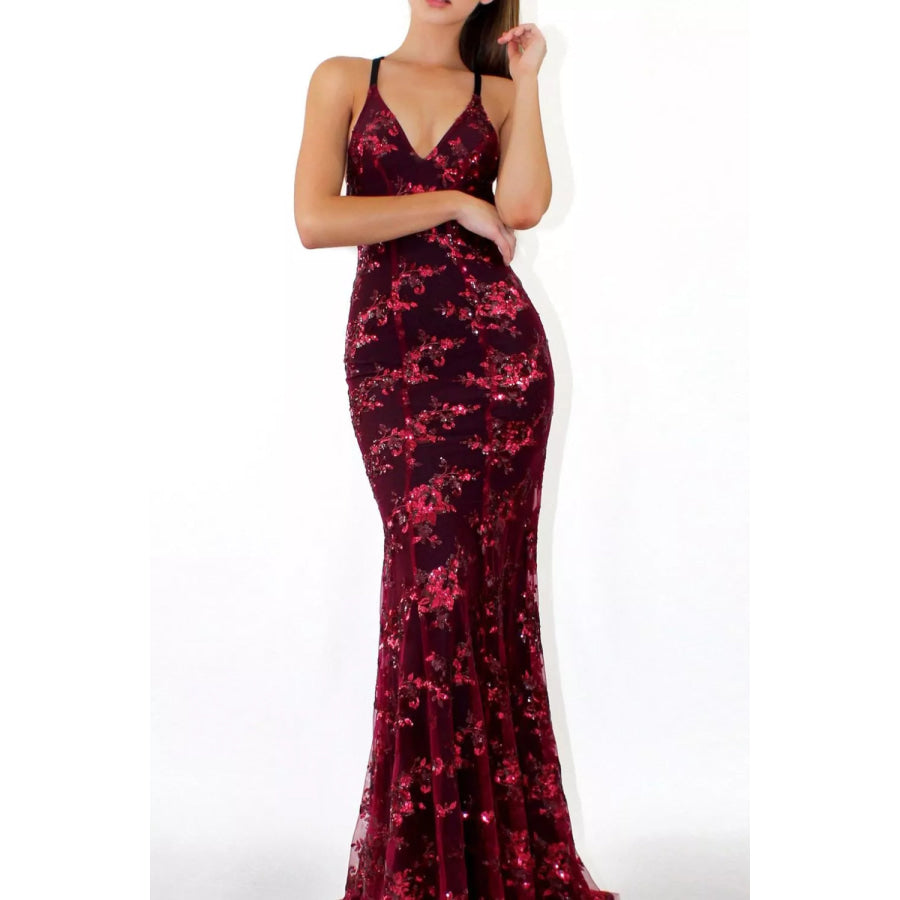 Full Size Sequin Tie Back V-Neck Maxi Dress Plus Size Burgundy / S Apparel and Accessories