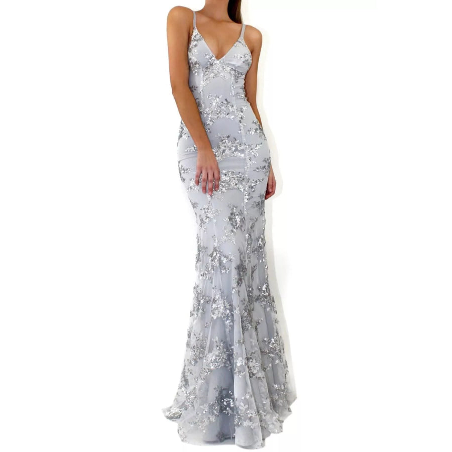 Full Size Sequin Tie Back V-Neck Maxi Dress Plus Size Grey / S Apparel and Accessories