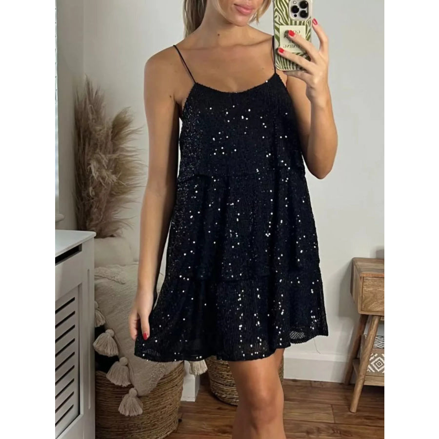 Full Size Sequin Tie Shoulder Mini Dress Plus Size Apparel and Accessories