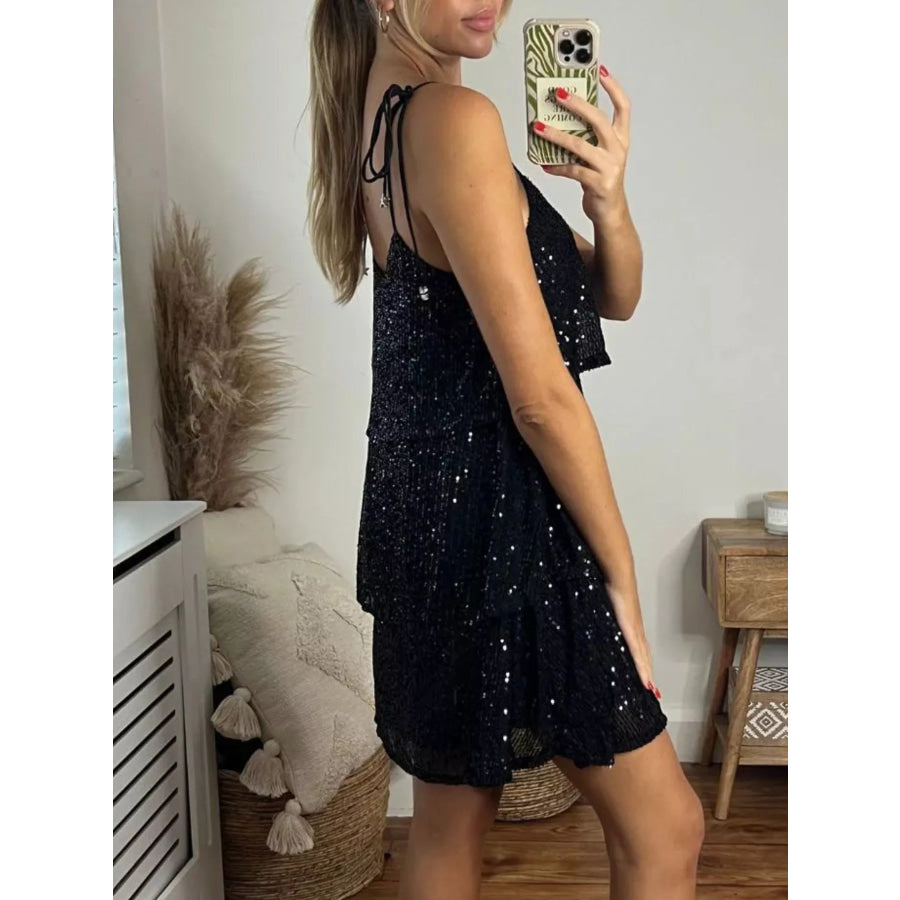 Full Size Sequin Tie Shoulder Mini Dress Plus Size Apparel and Accessories