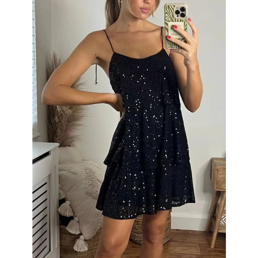 Full Size Sequin Tie Shoulder Mini Dress Plus Size Apparel and Accessories