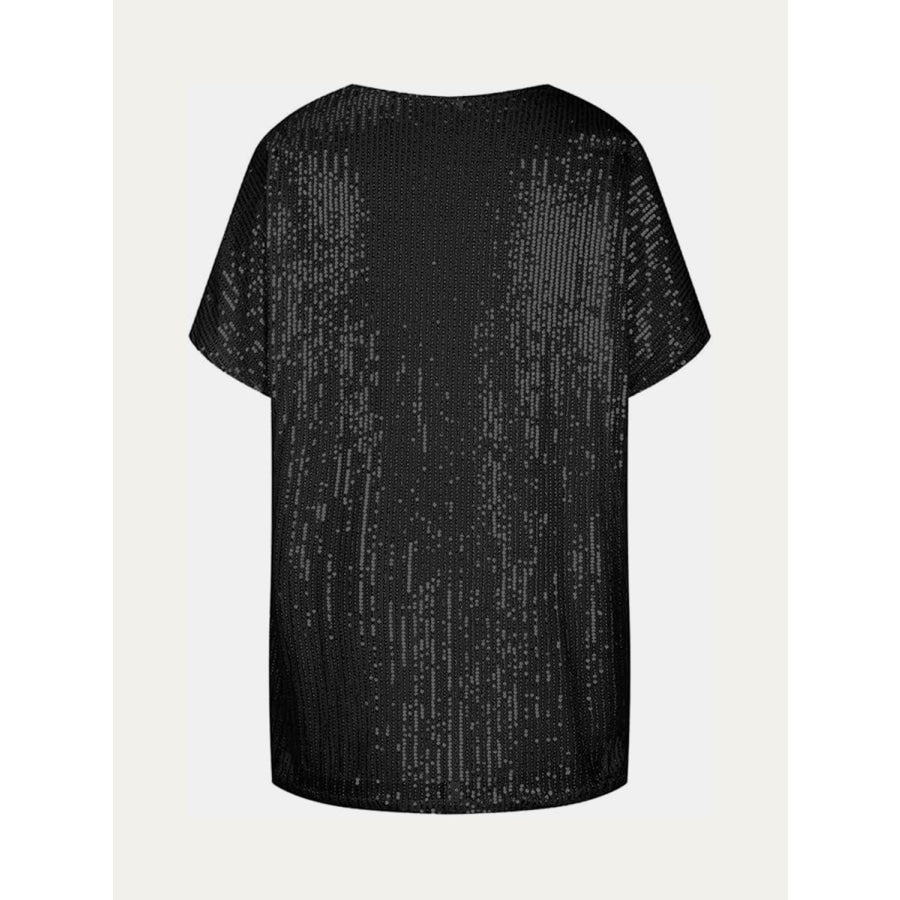 Full Size Sequin V-Neck Short Sleeve Top Apparel and Accessories