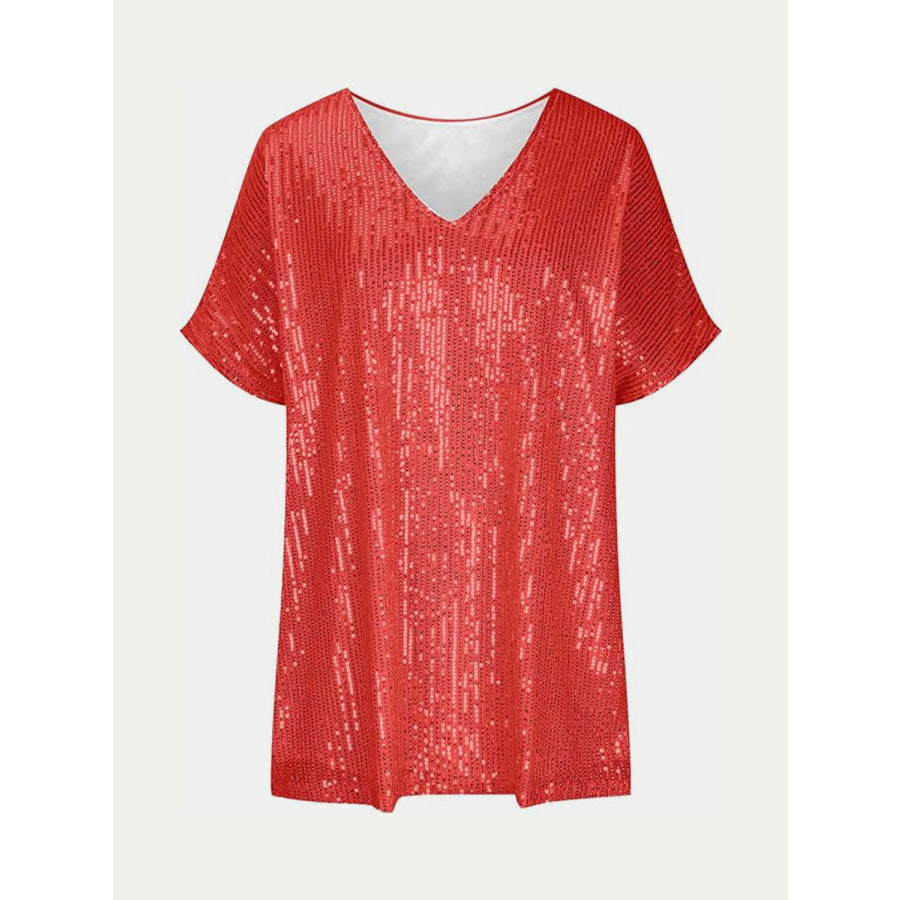 Full Size Sequin V-Neck Short Sleeve Top Apparel and Accessories