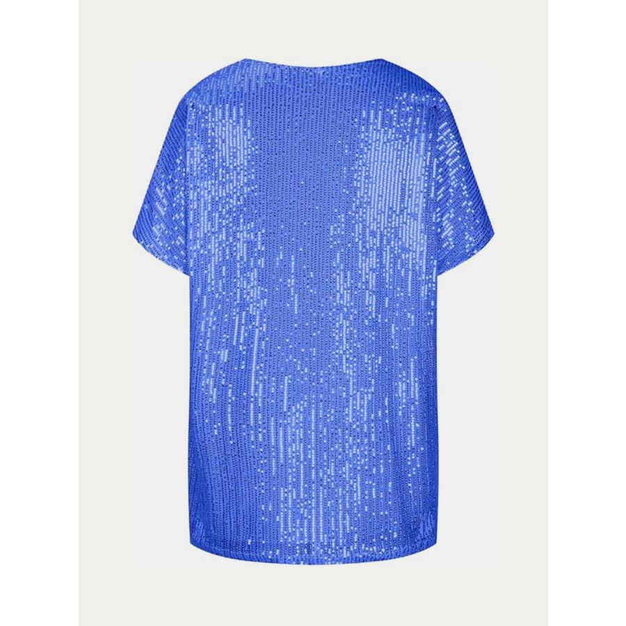 Full Size Sequin V-Neck Short Sleeve Top Apparel and Accessories