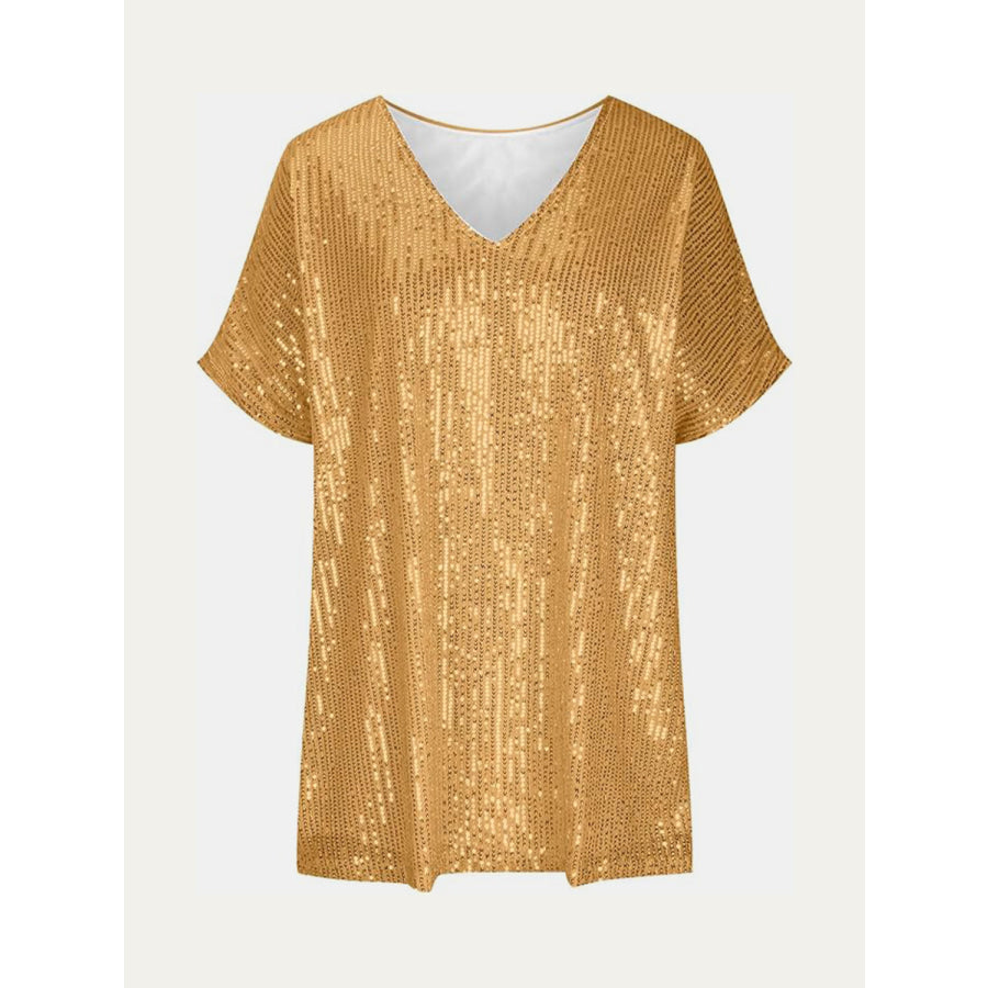 Full Size Sequin V-Neck Short Sleeve Top Apparel and Accessories