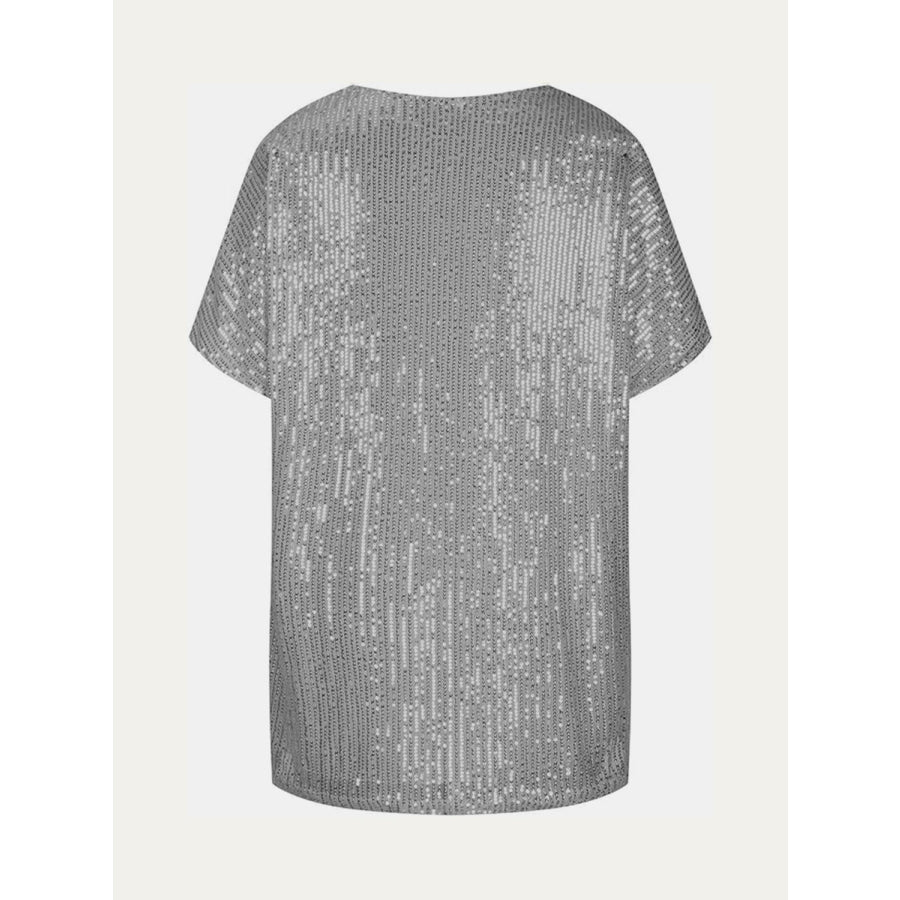Full Size Sequin V-Neck Short Sleeve Top Apparel and Accessories