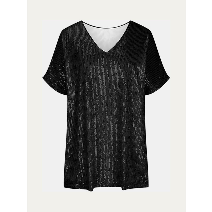 Full Size Sequin V-Neck Short Sleeve Top Apparel and Accessories