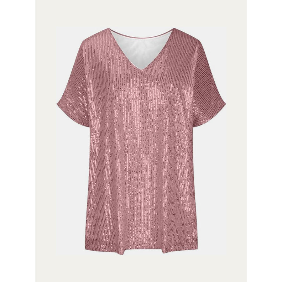 Full Size Sequin V-Neck Short Sleeve Top Apparel and Accessories