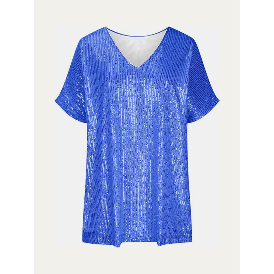 Full Size Sequin V-Neck Short Sleeve Top Apparel and Accessories