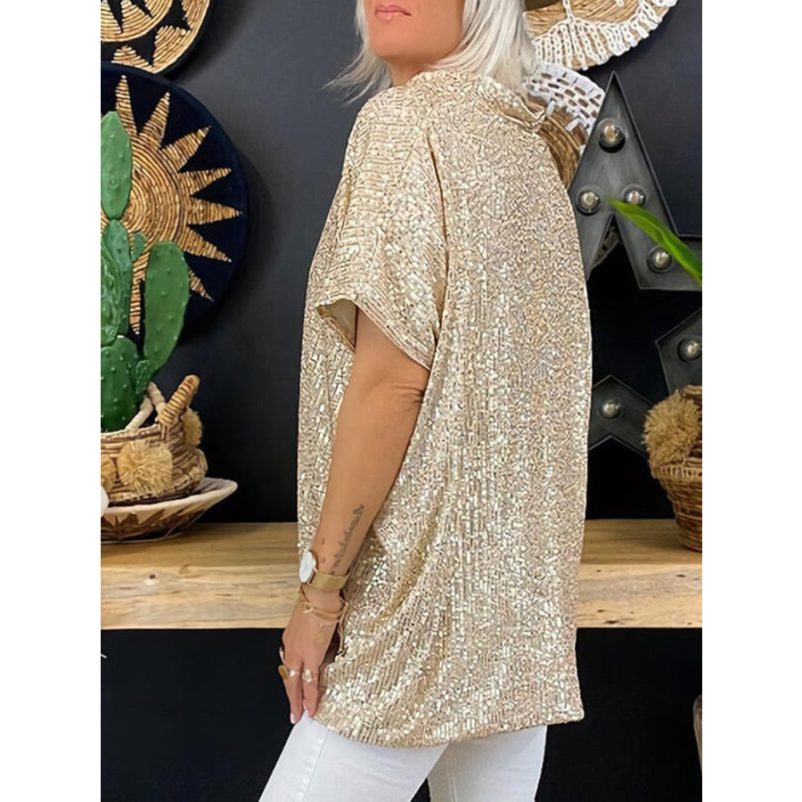 Full Size Sequin V-Neck Short Sleeve Top Pastel Yellow / S Apparel and Accessories