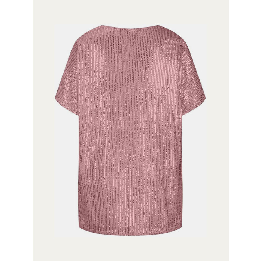 Full Size Sequin V-Neck Short Sleeve Top Apparel and Accessories