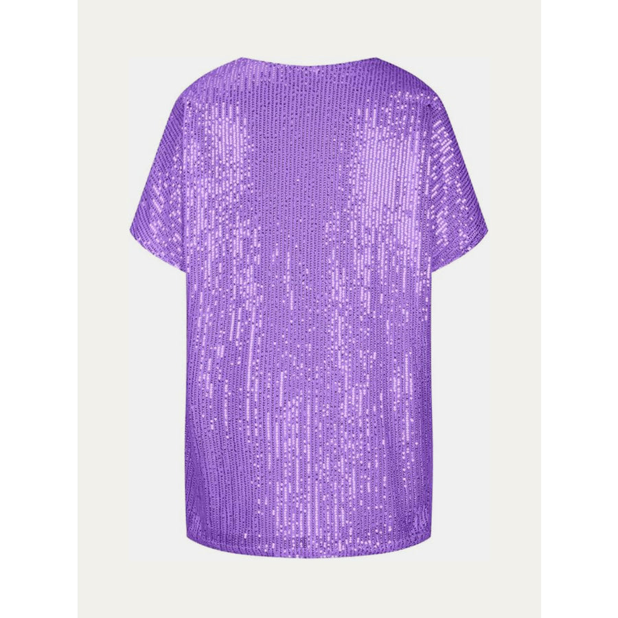 Full Size Sequin V-Neck Short Sleeve Top Apparel and Accessories