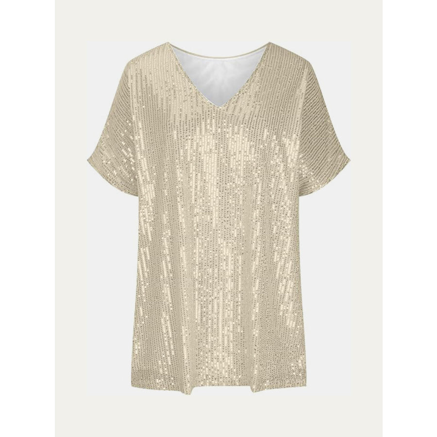 Full Size Sequin V-Neck Short Sleeve Top Apparel and Accessories