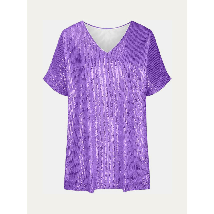 Full Size Sequin V-Neck Short Sleeve Top Apparel and Accessories