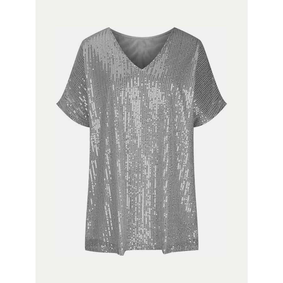 Full Size Sequin V-Neck Short Sleeve Top Apparel and Accessories
