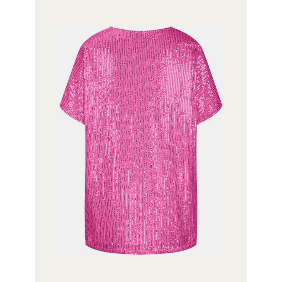 Full Size Sequin V-Neck Short Sleeve Top Apparel and Accessories