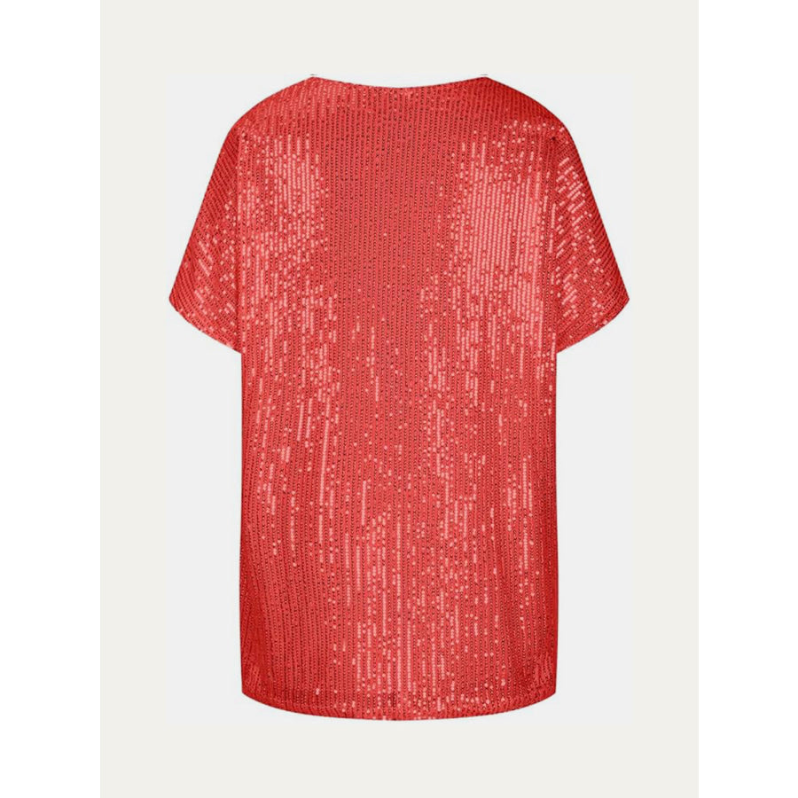 Full Size Sequin V-Neck Short Sleeve Top Apparel and Accessories