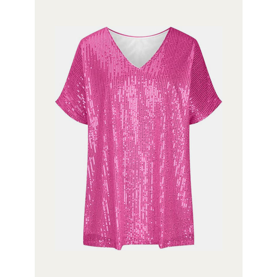 Full Size Sequin V-Neck Short Sleeve Top Apparel and Accessories