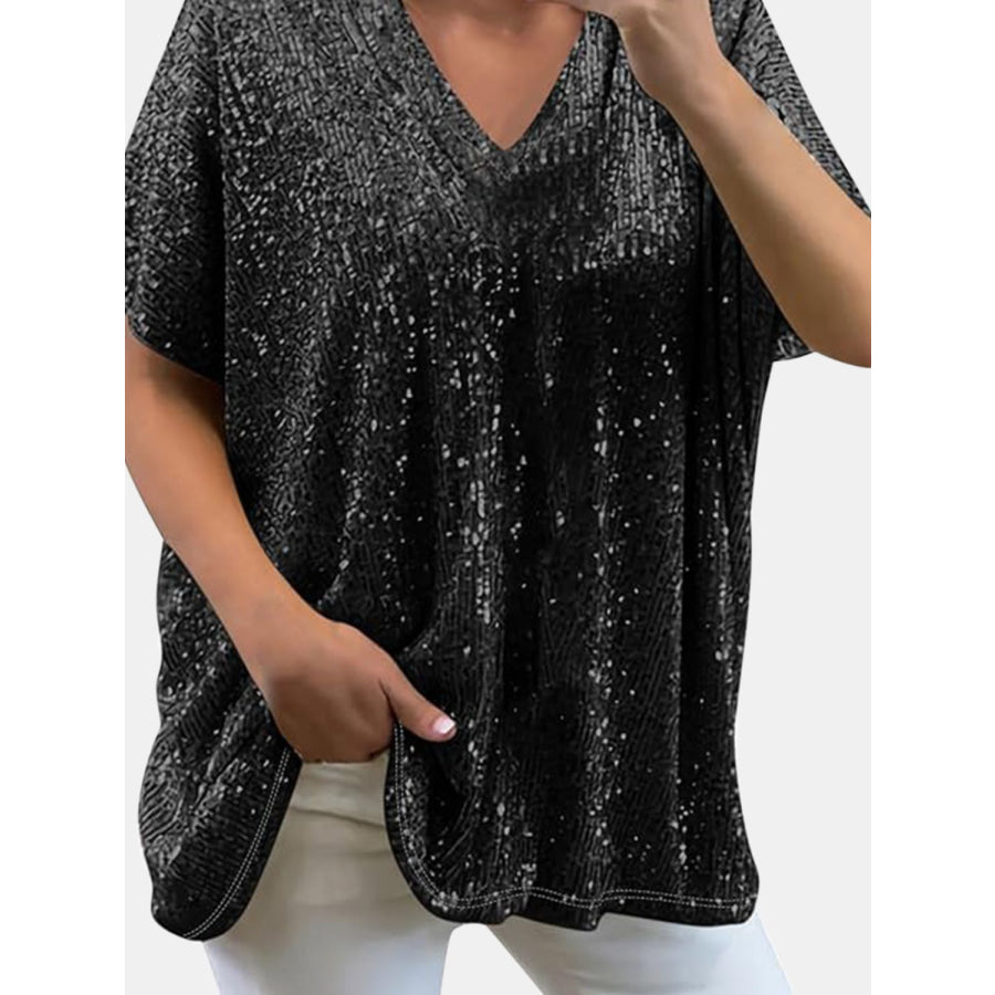 Full Size Sequin V-Neck Short Sleeve Top Black / S Apparel and Accessories