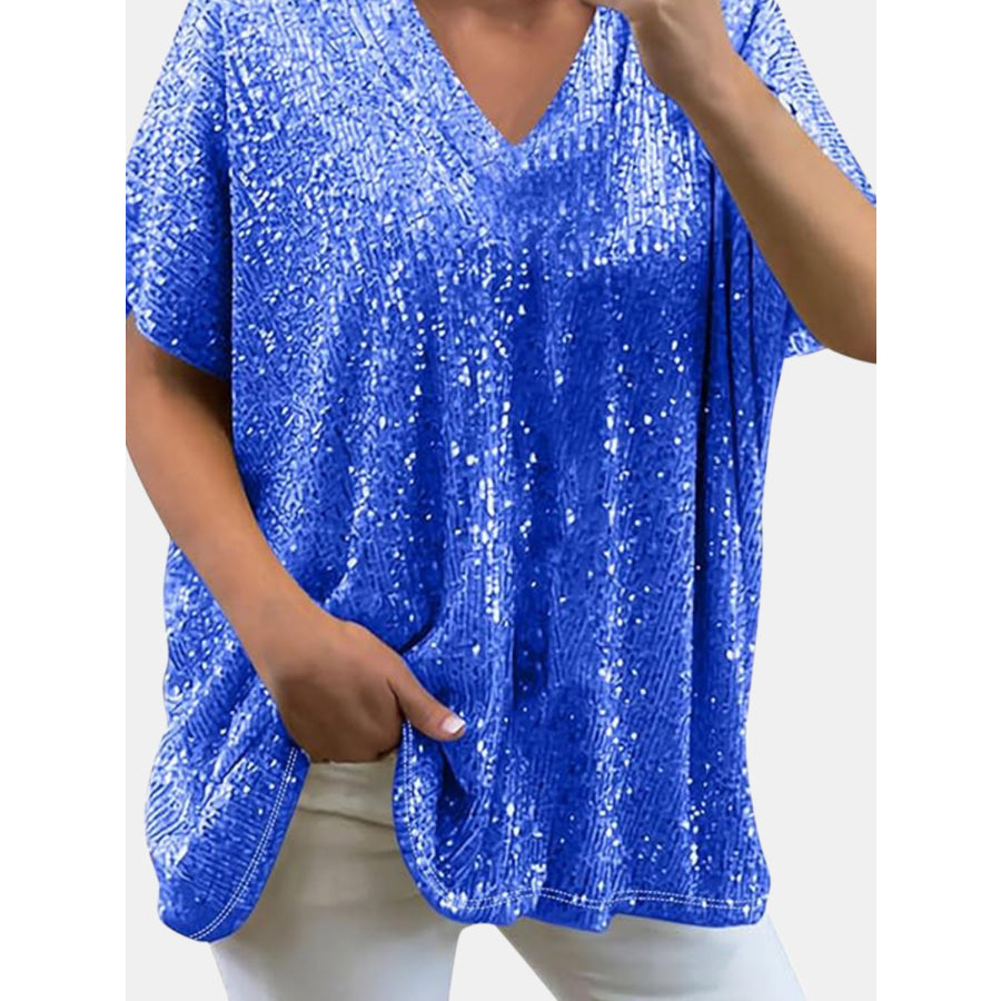 Full Size Sequin V-Neck Short Sleeve Top Blue / S Apparel and Accessories