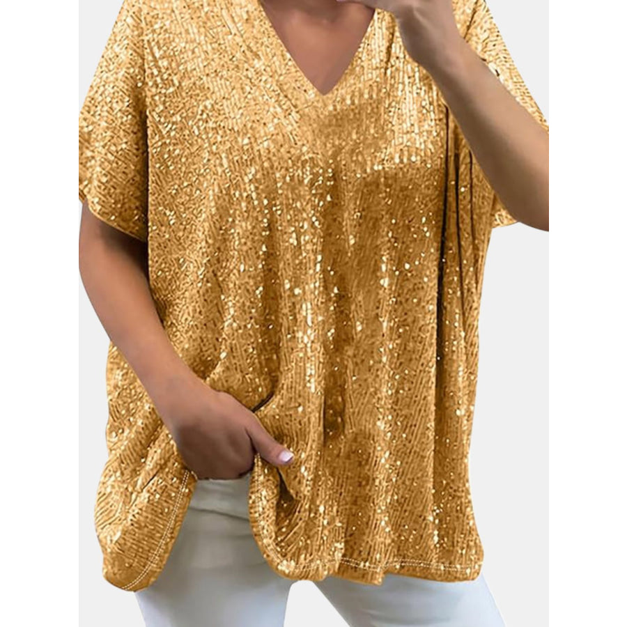 Full Size Sequin V-Neck Short Sleeve Top Brass / S Apparel and Accessories