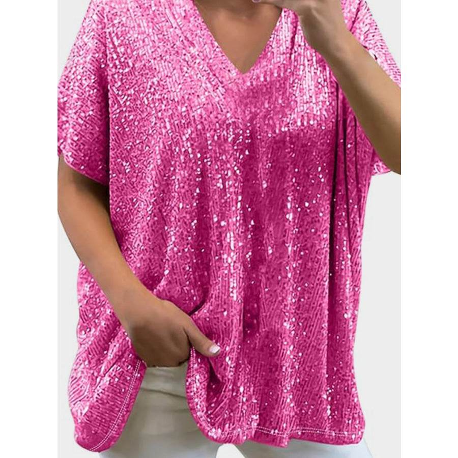 Full Size Sequin V-Neck Short Sleeve Top Deep Rose / S Apparel and Accessories